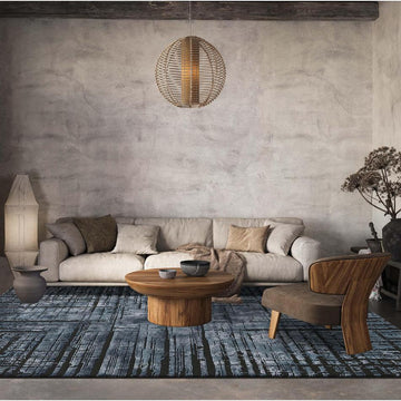 Belgravia Nexus BLG03 Modern Abstract Distressed Grid Metallic Shimmer Soft Textured Hi-Lo Polyblend Short Pile Deep Navy/Steel Blue/Slate Grey/Black/Silver/Sky Rug-Desire Rugs-Rug Love - The Most Loved Rug Store